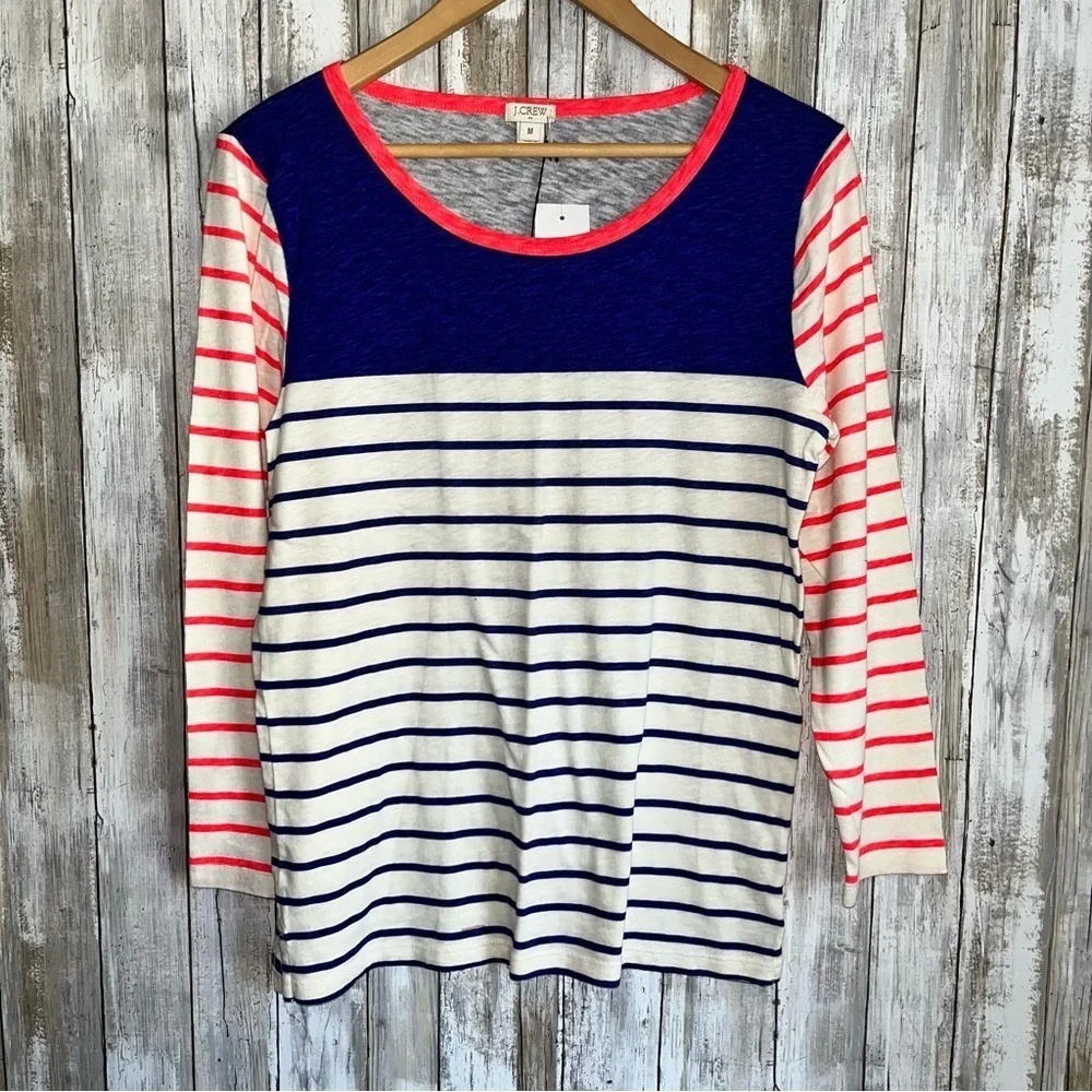 J.Crew Striped Long Sleeve Tee NWT Blue White Coral Knit Top M Casual Classic